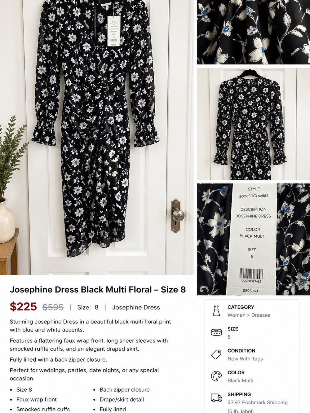 Veronica Beard Black Multi Floral Faux Wrap Midi Dress